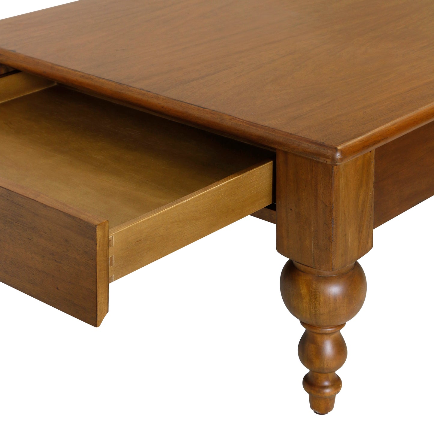 Maude Turned Leg Coffee Table close up of open drawer