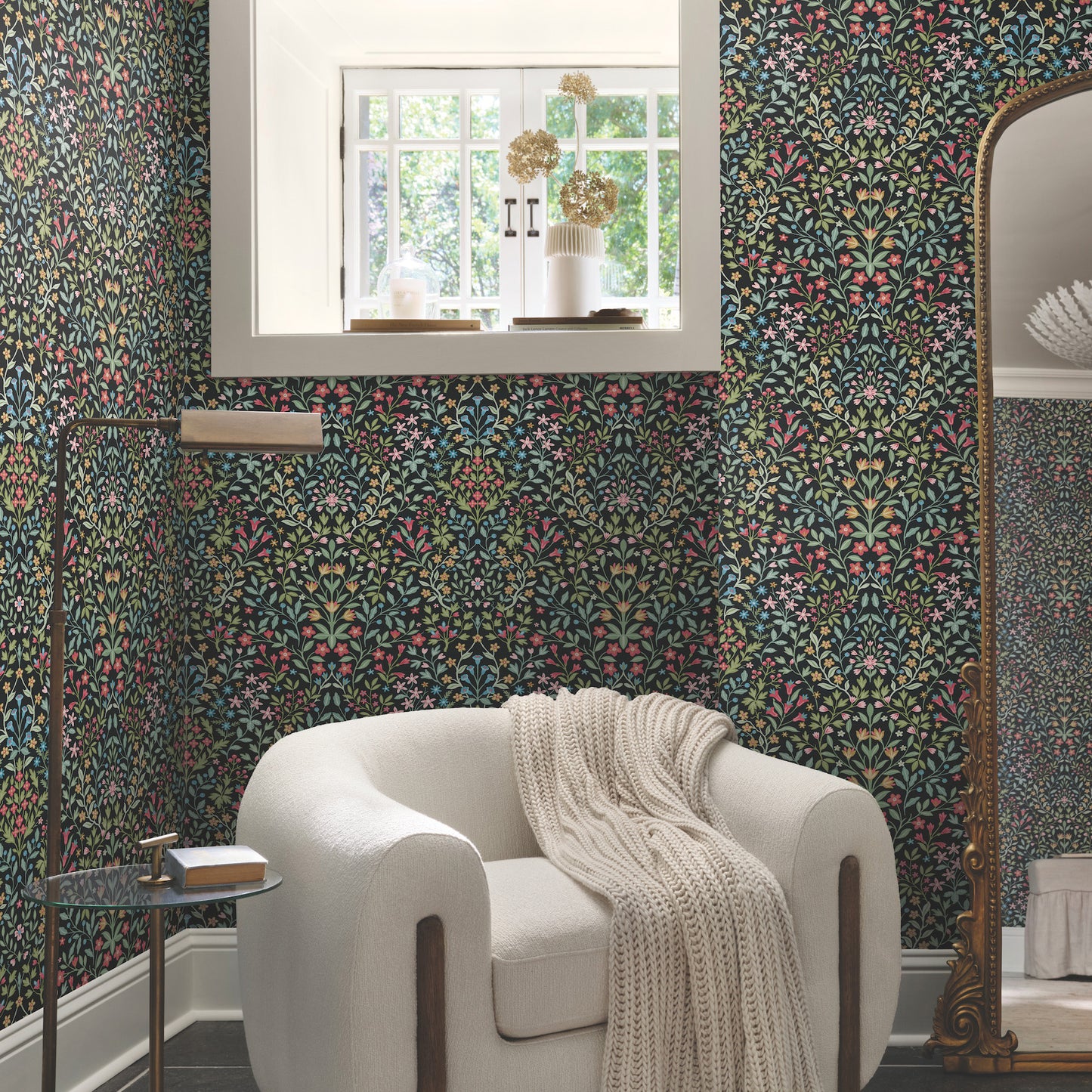 Garden Terrace Wallpaper in black and multicolor shown in room