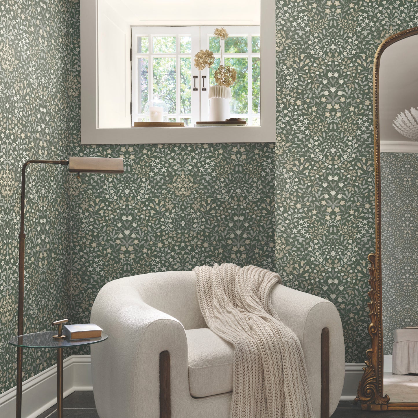 Garden Terrace Wallpaper in olive shown in room