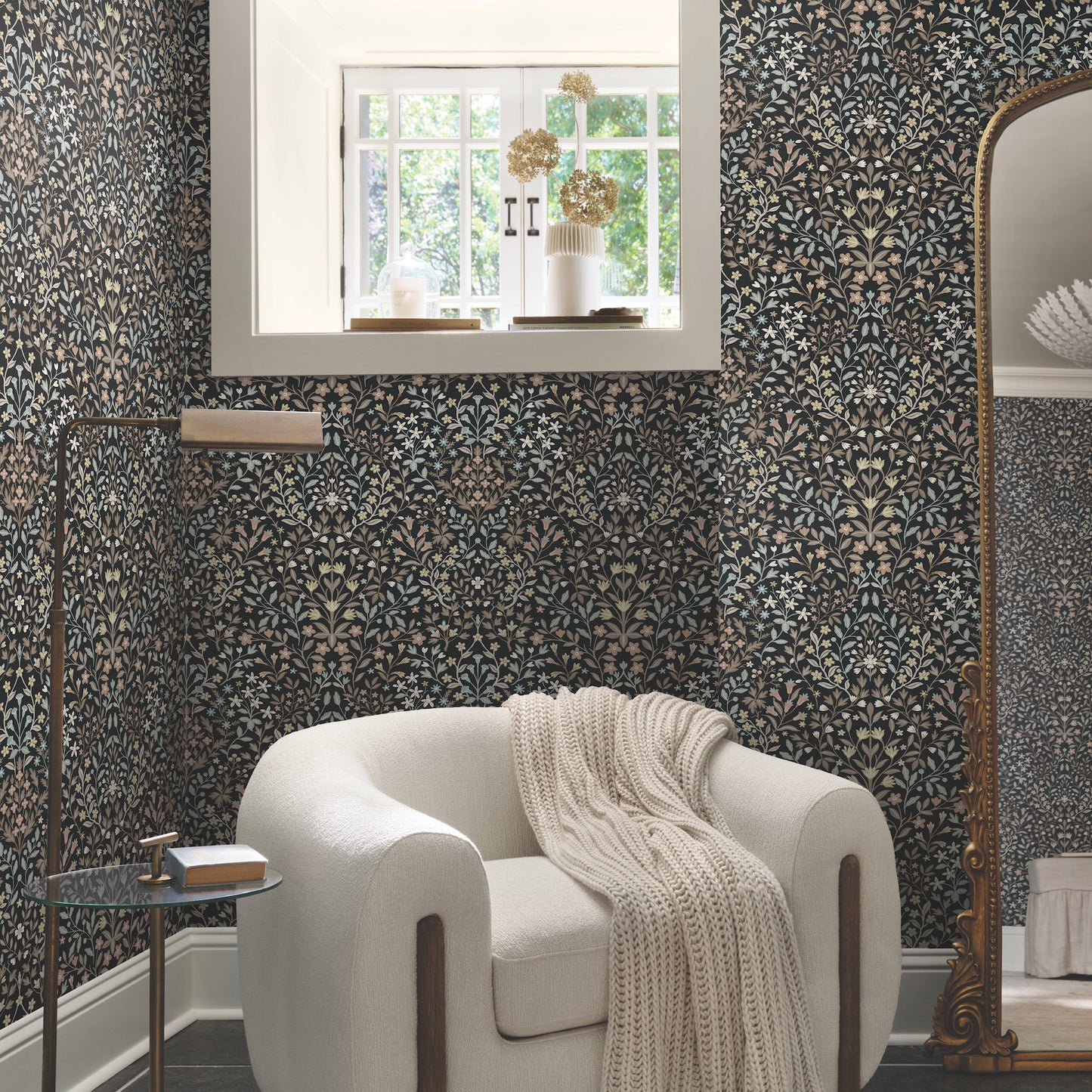Garden Terrace Wallpaper in black and neutral shown in room