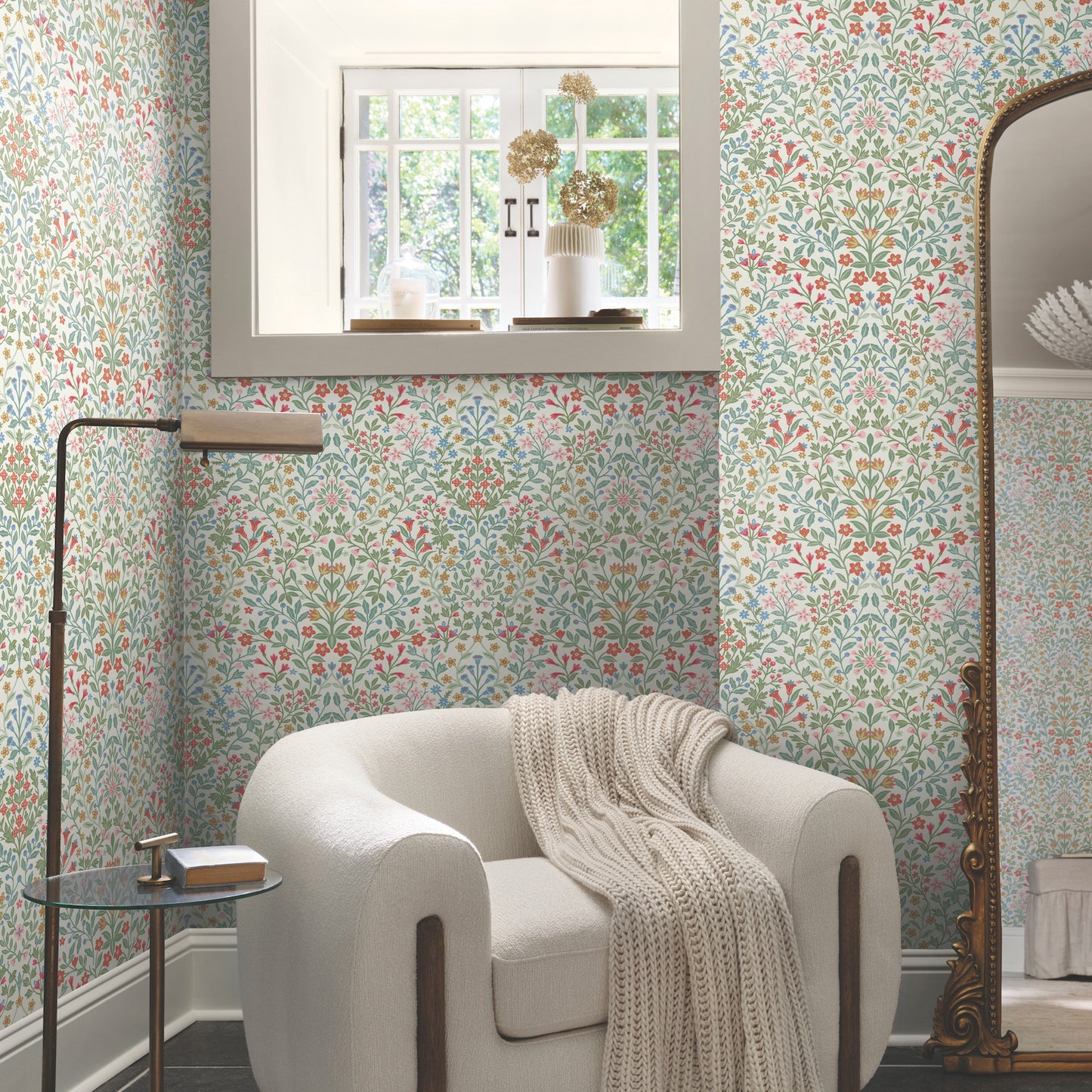 Garden Terrace Wallpaper in white and multicolor shown in room