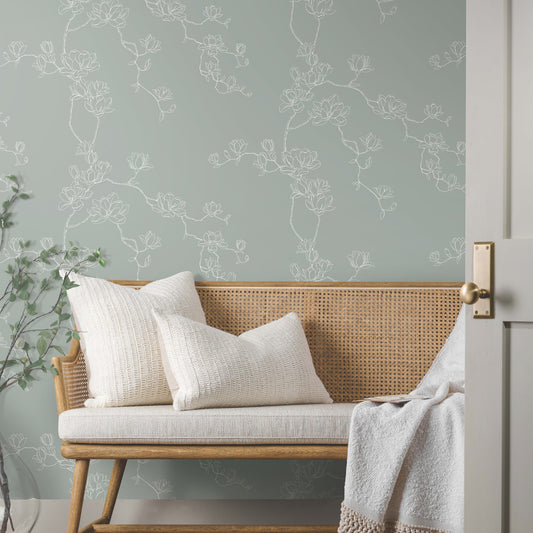 Magnolia Branches Wallpaper in eucalyptus shown in room