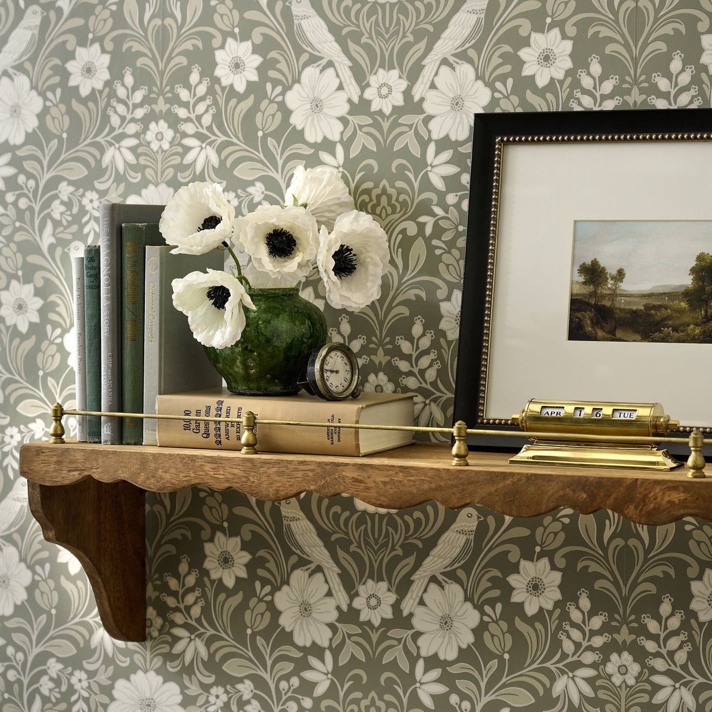 Quinn Wood and Brass Railing Shelf on a wall