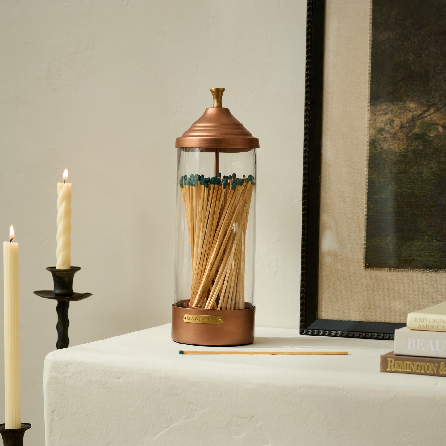 Magnolia Copper Fireplace Matchsticks shown on mantel