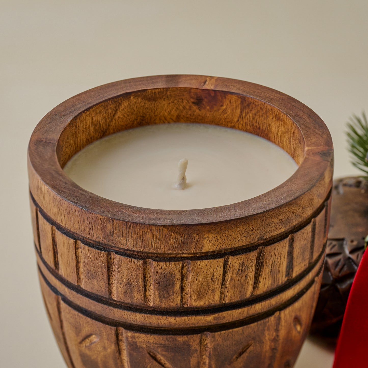 Hand-Carved Frosted Pine Acorn Candle shown with top off