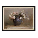 Framed wall art called collected roses shows antiqued black vase with blooming roses
