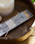 Decorative Matches - Blue on round wood tray with Daybreak candle
