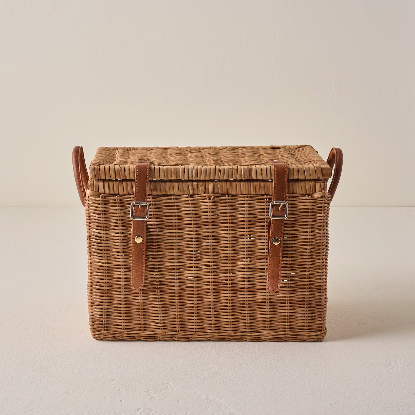 Small Reid Woven Storage Trunk with Leather Handles