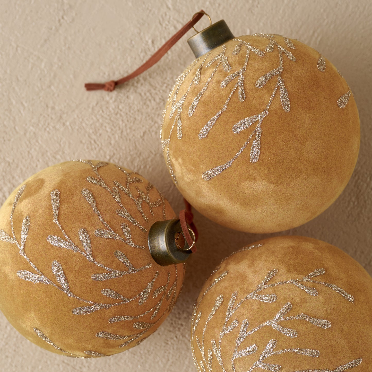 Amber Flocked Floral Glitter Ornament, Set of 3 up close