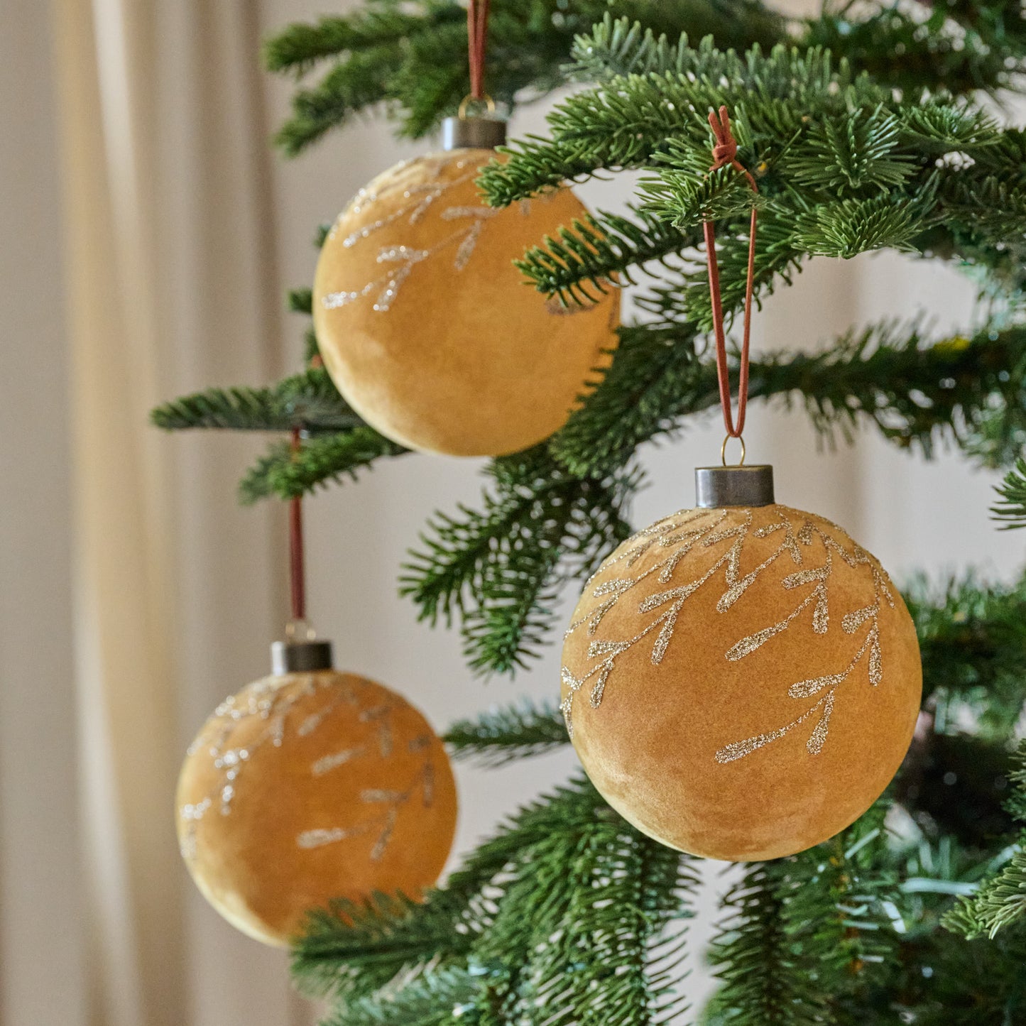 Amber Flocked Floral Glitter Ornament, Set of 3
