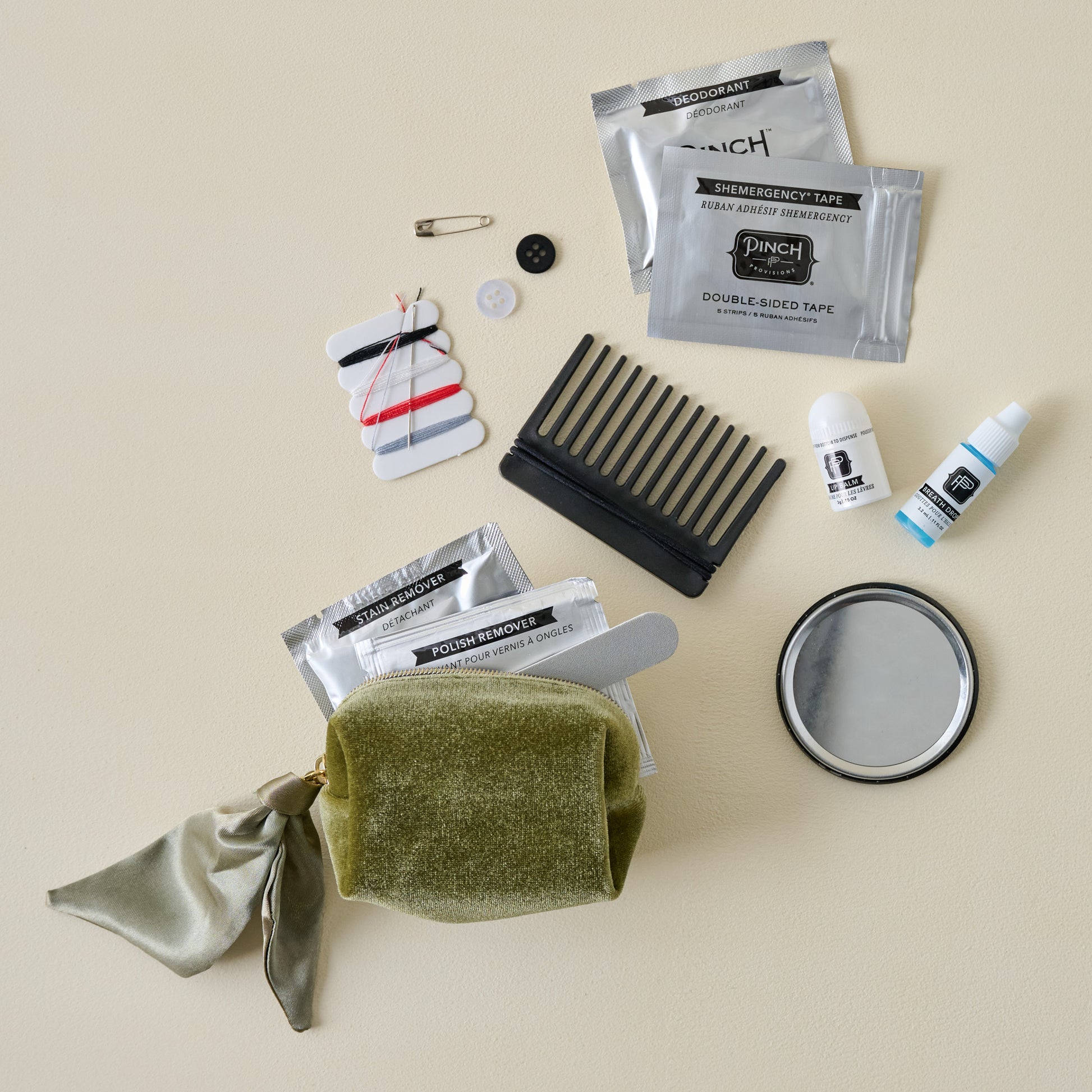 Olive Velvet Minimergency Kit shown with all accessories