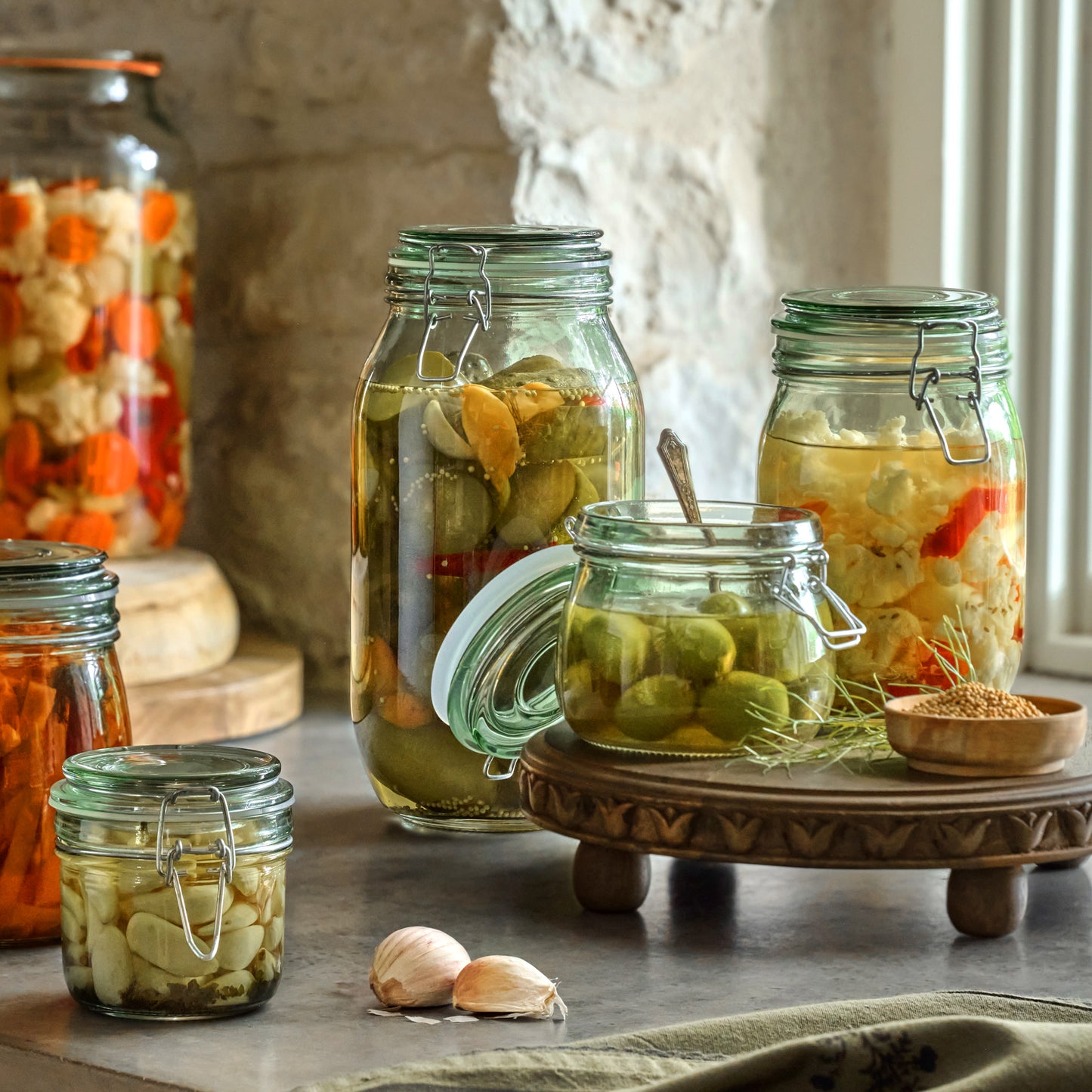 Magnolia Green Glass Storage Jars with pickled veggies