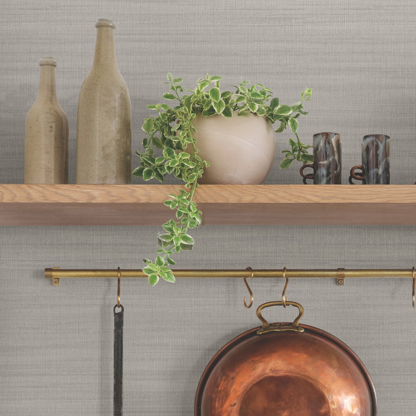 Washed Linen Wallpaper in gravel shown in room