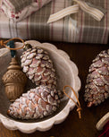 Decorative pinecones with glitter and an acorn in a white dish, with a gift box in the background.