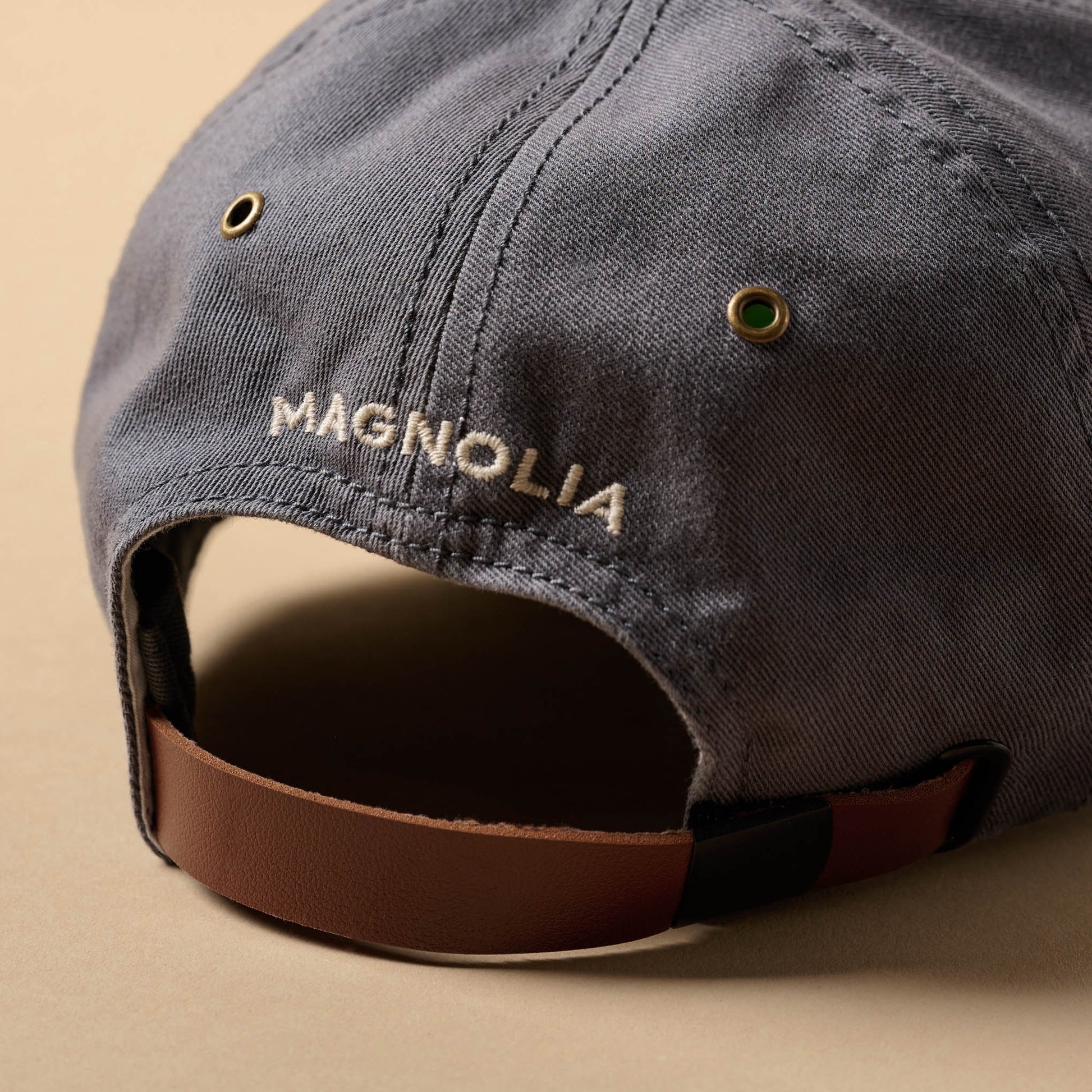 Silos Distressed Charcoal Baseball Hat magnolia on back of hat