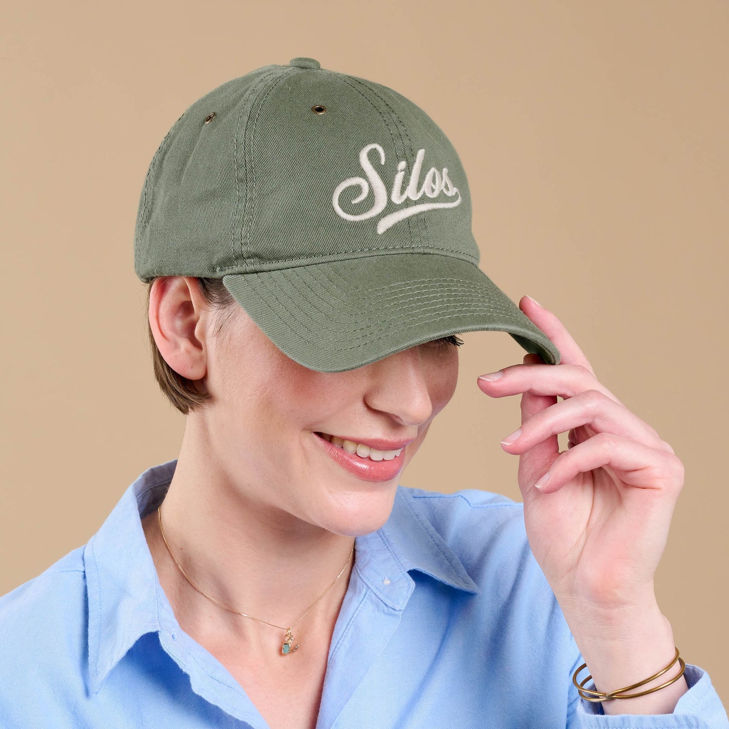 Silos Distressed Olive Baseball Hat on model