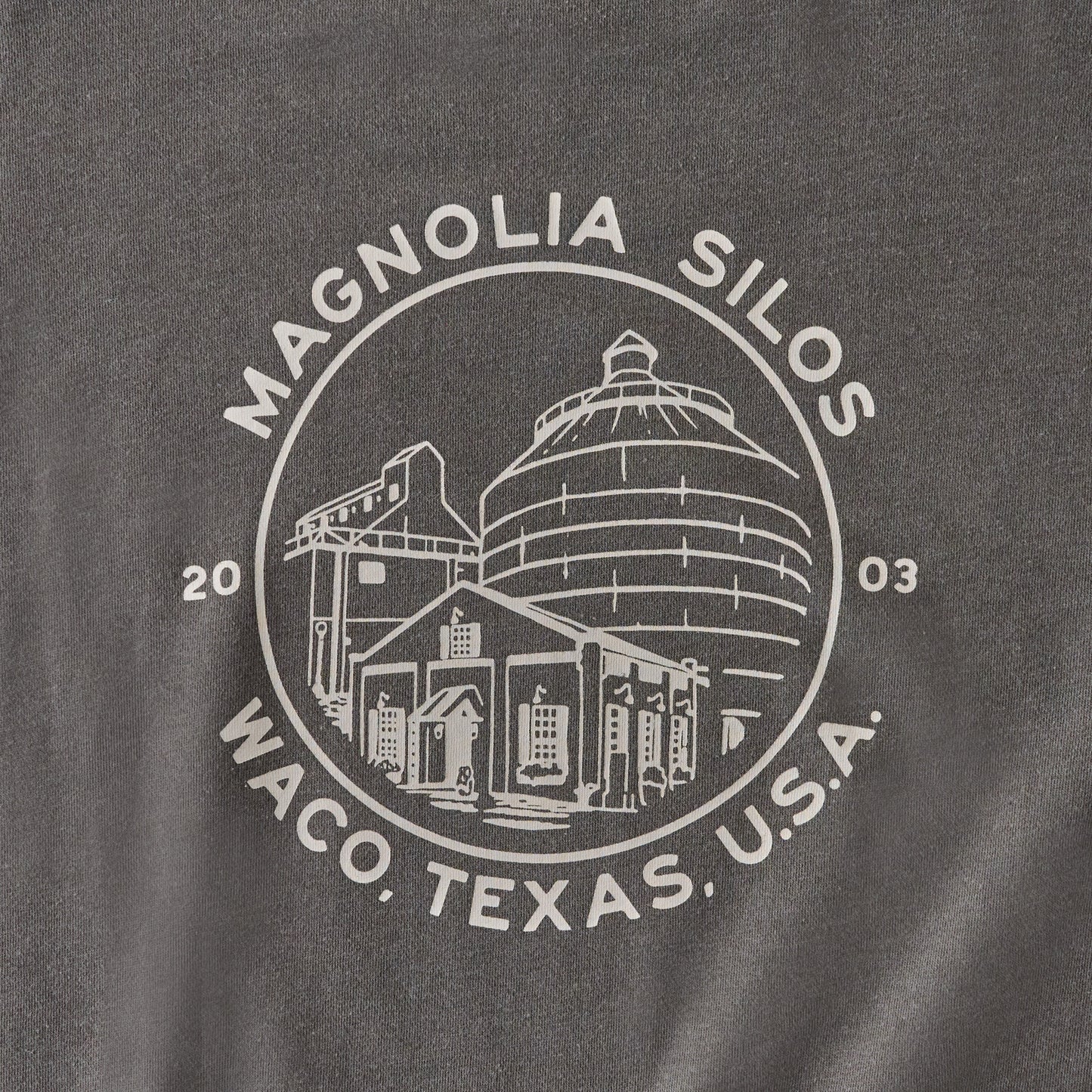 Magnolia Silos Garment Dye Washed Black Sweatshirt back graphic up close