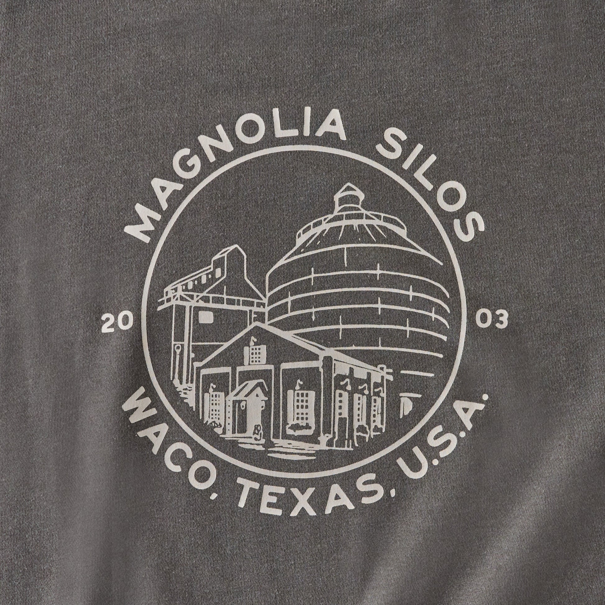 Magnolia Silos Garment Dye Washed Black Sweatshirt back graphic up close