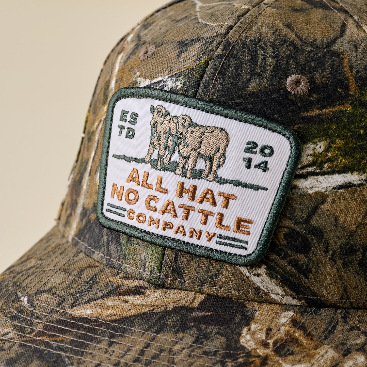 All Hat No Cattle Mossy Oak Camo Hat up close