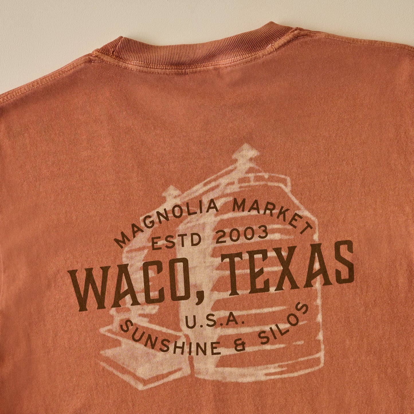 Sunshine and Silos Burnt Orange Shirt back graphic up close