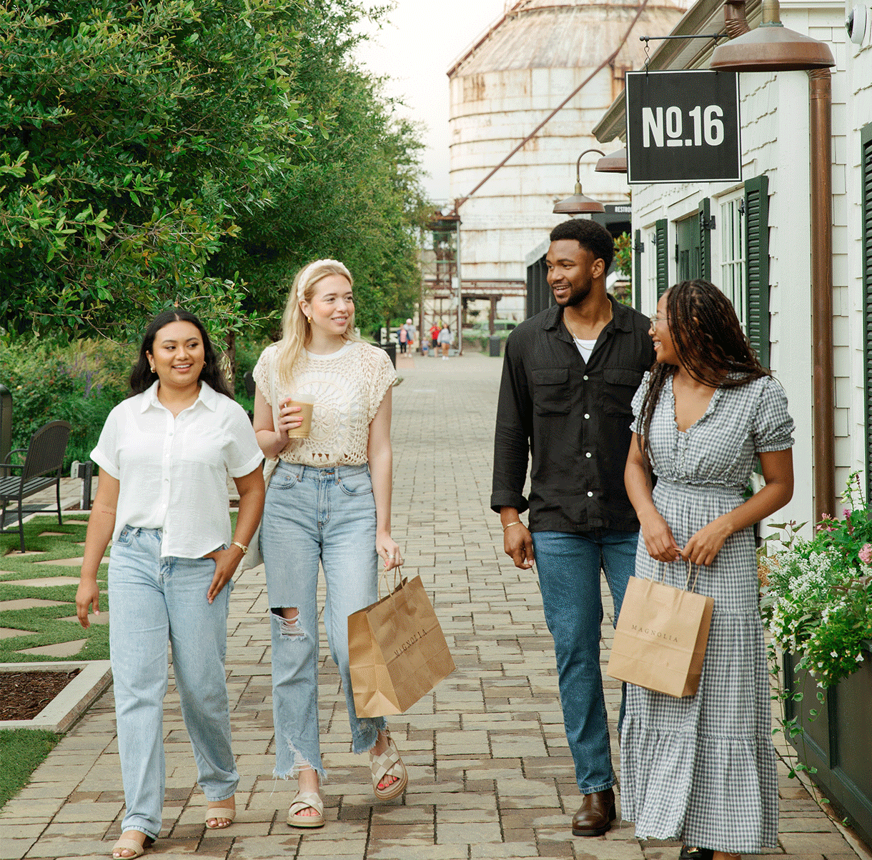 rating images of the grounds at the Silos, cupcakes, and a group of friends shopping at the shops at the Silos.