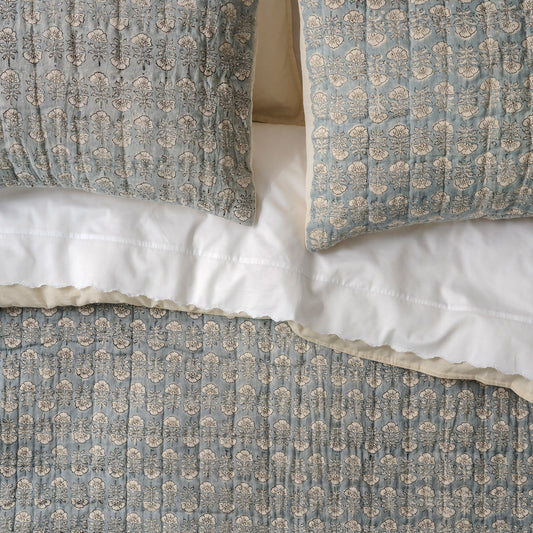 Silver Blue Flora Block Print Quilt + Sham Set (Queen)