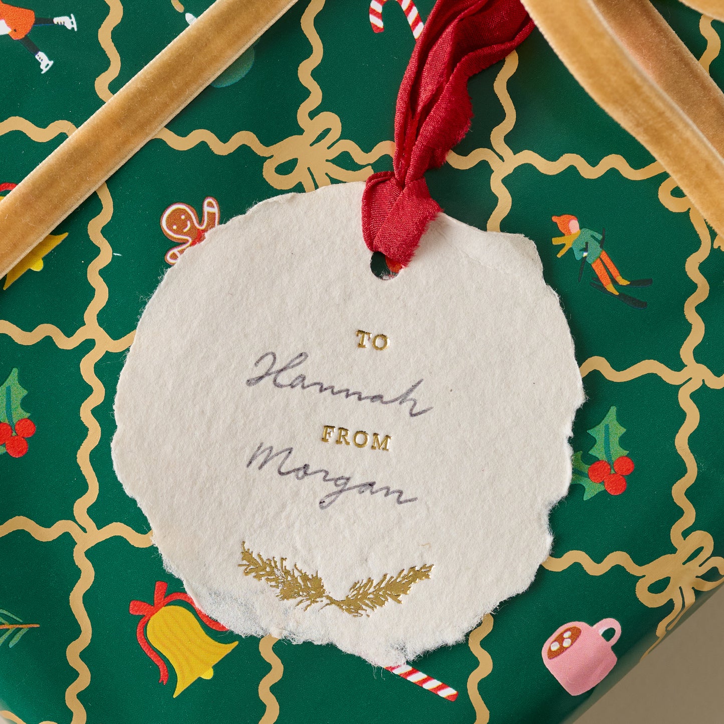 Laurel Leaf Gift Tag Set of 3 shown with writing on gift