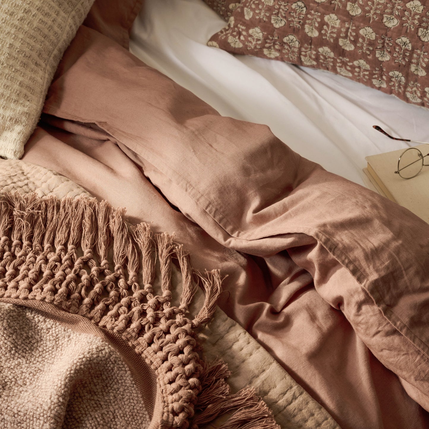 Washed Linen Cotton Duvet Cover - Desert Clay on a bed