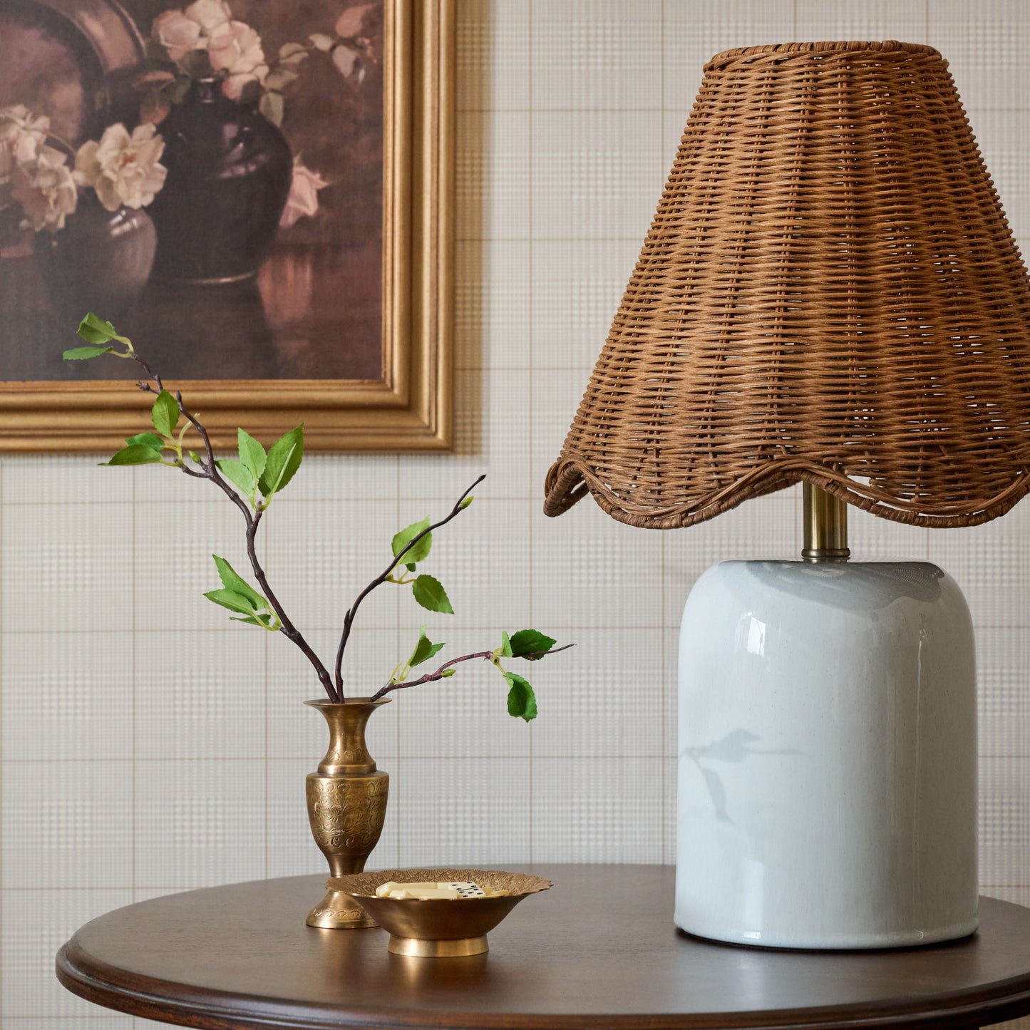 Farrah Table Lamp - Mist Blue with Rattan Scallop Shade shown on side table