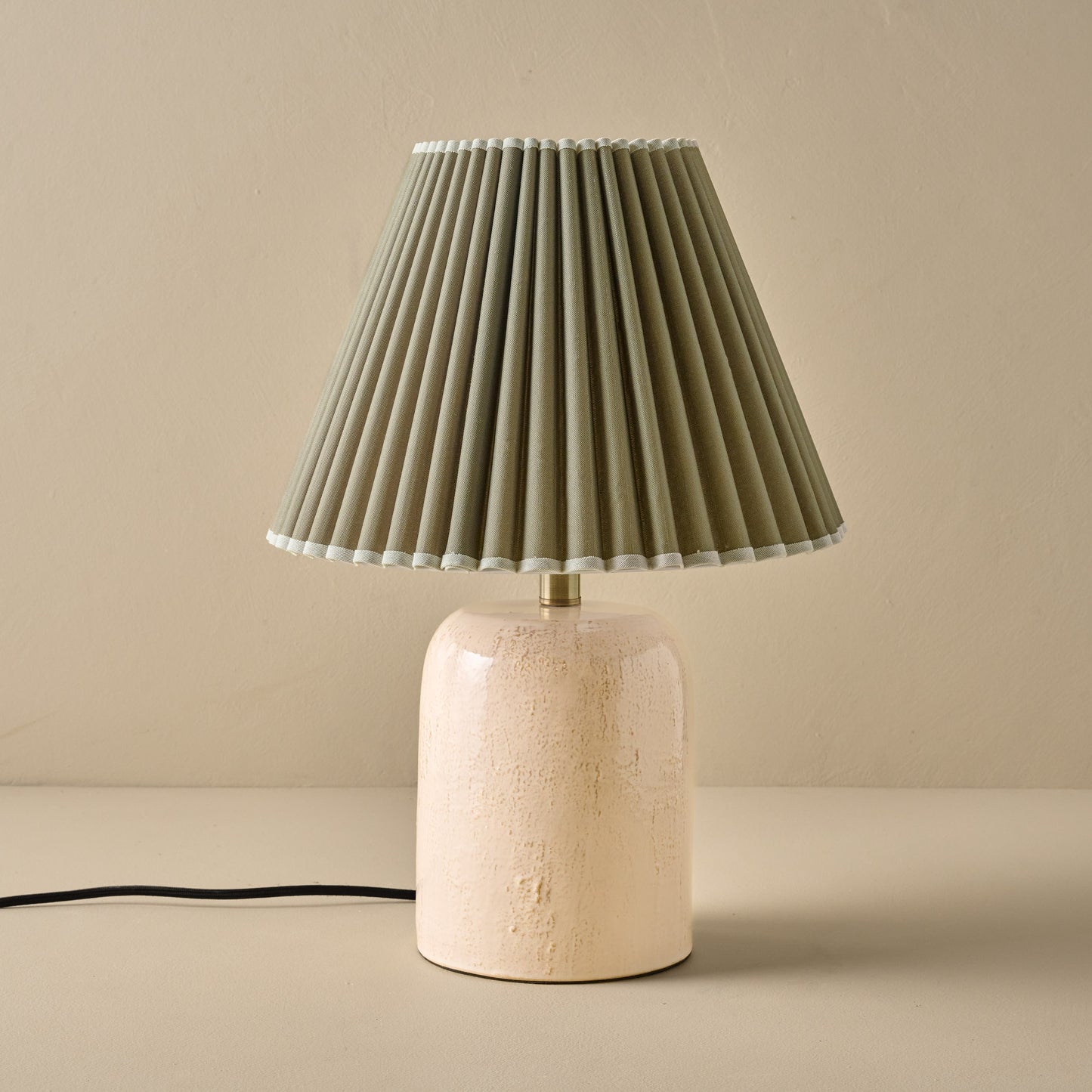 Farrah Table Lamp - Textured Cream with Olive Pleat shad