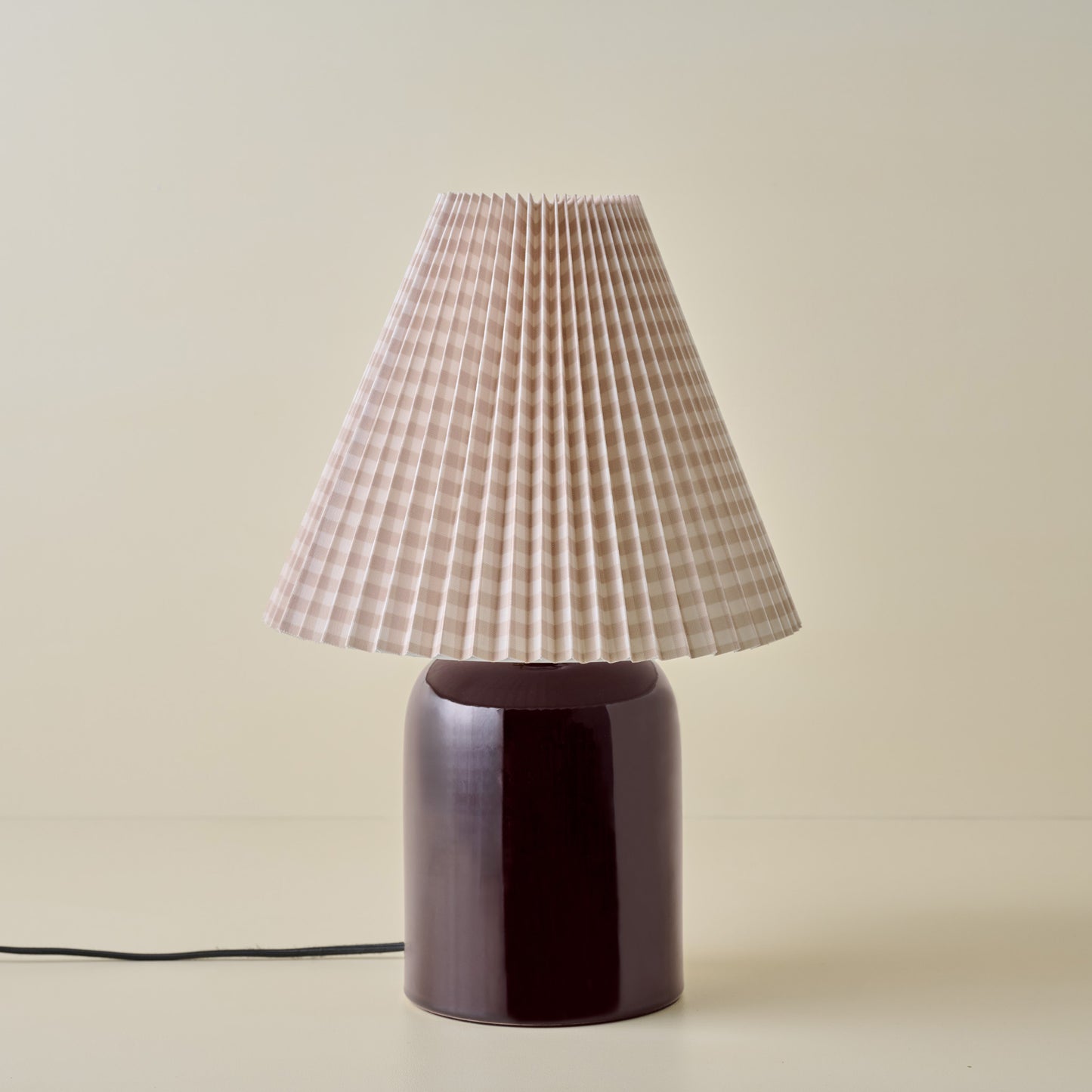 Farrah Table Lamp - Deep Burgundy with Tan GIngham Shade