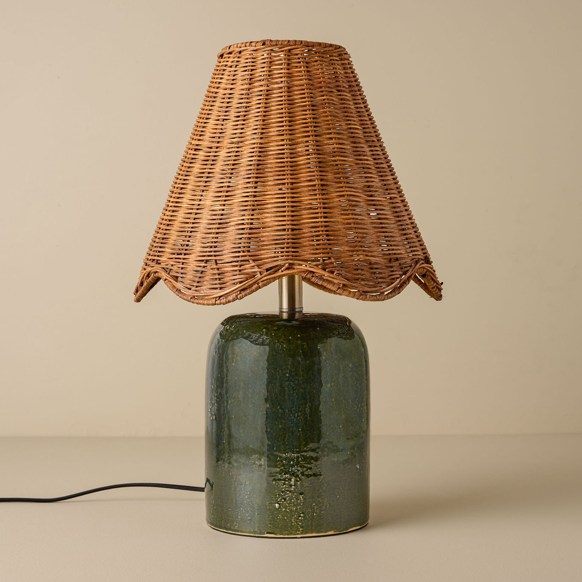 Farrah Table Lamp - Textured Green with rattan scallop shade