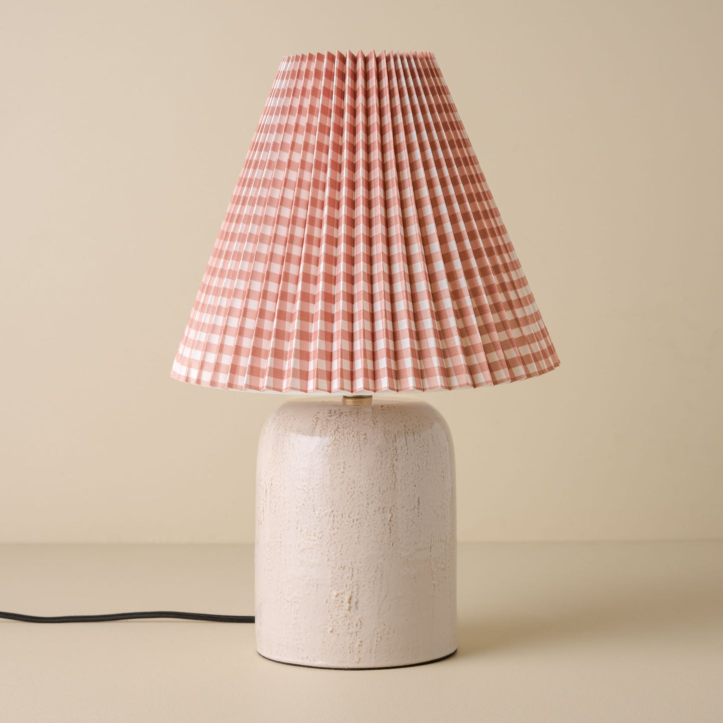 Farrah Table Lamp - Textured Cream with mocha gingham lamp shade