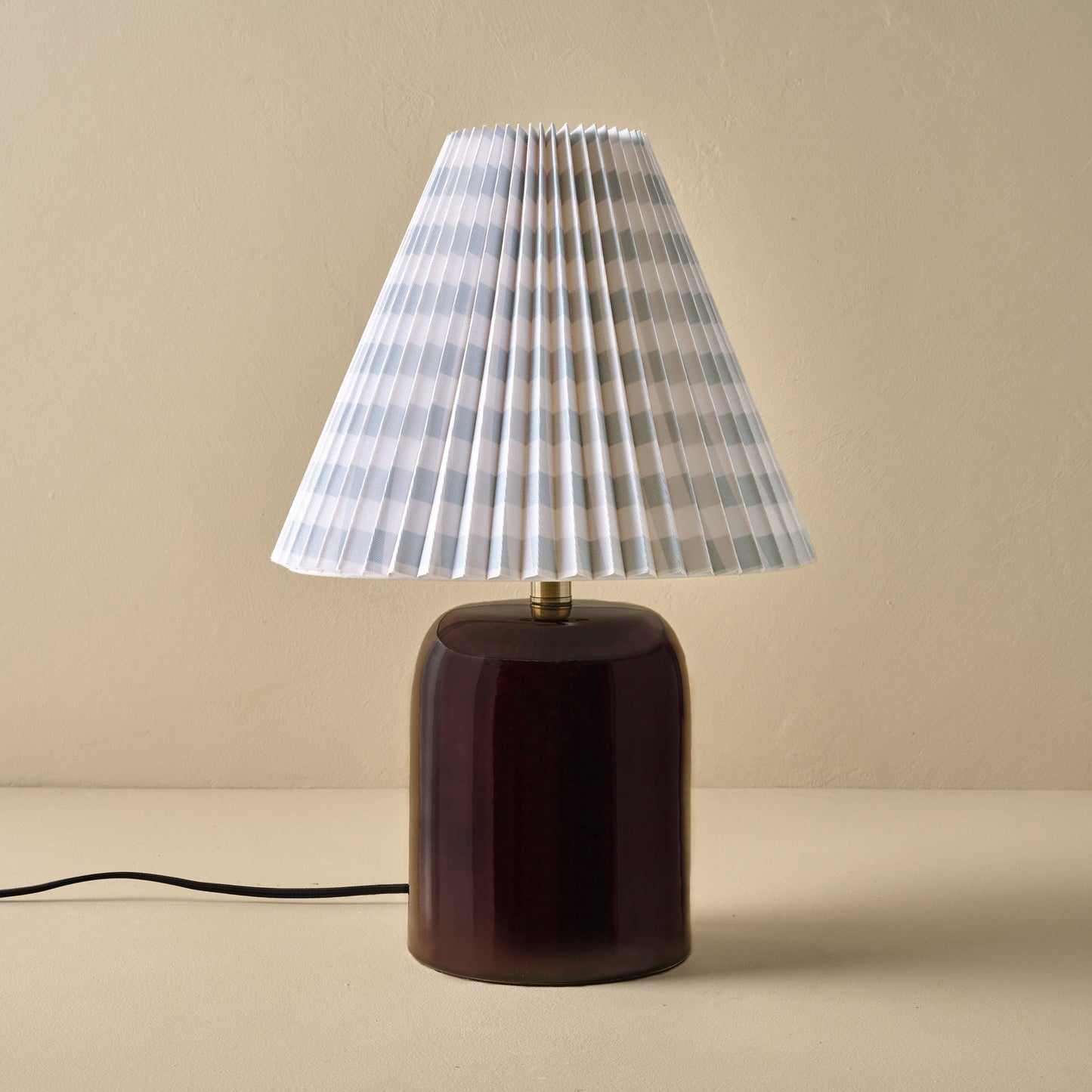 Farrah Table Lamp - Deep Burgundy with Blue Gingham Shade