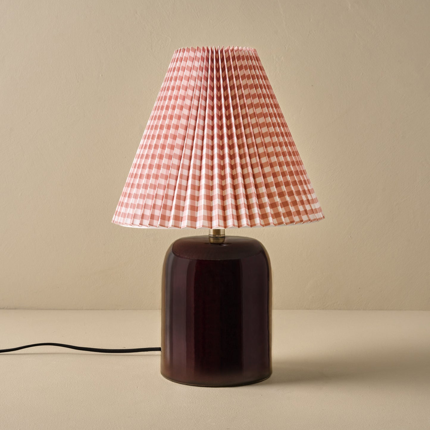 Farrah Table Lamp - Deep Burgundy with Mocha Gingham Shade