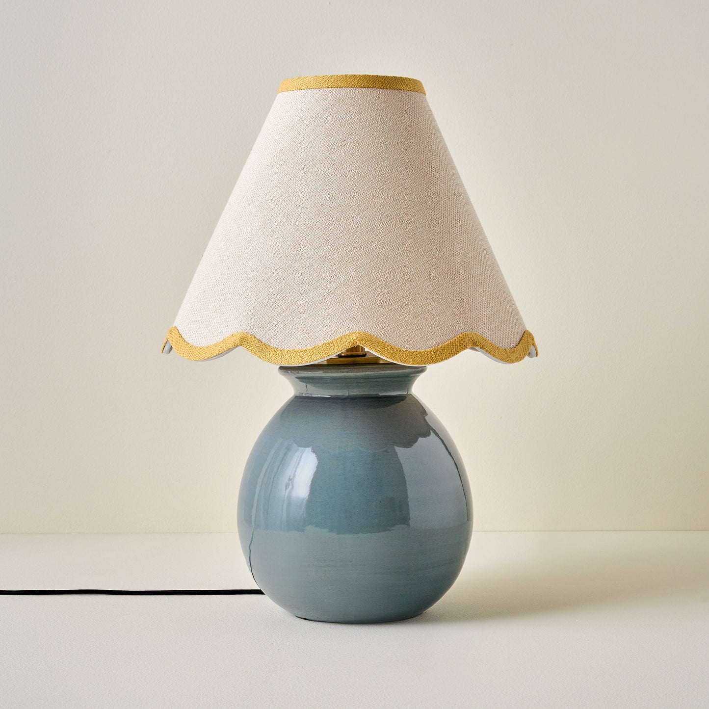 Olivia Table Lamp - Lake Blue with Mustard Yellow Wavy Linen Shade