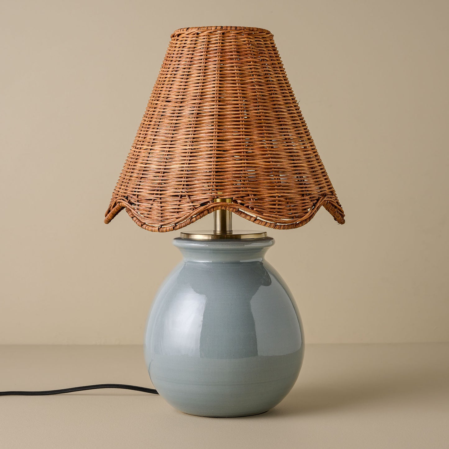 Olivia Table Lamp - Lake Blue with rattan scallop lamp shade