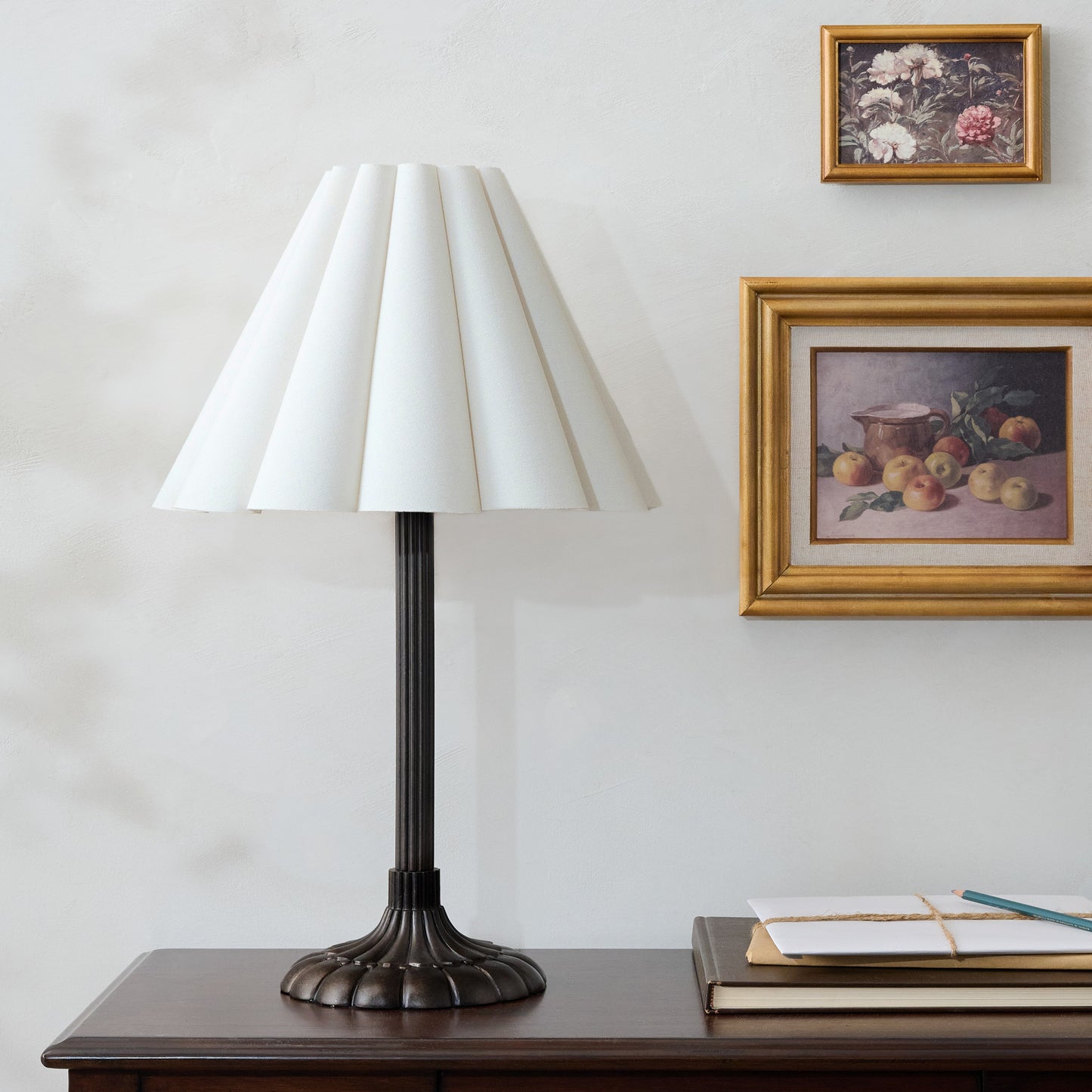 Stella Table Lamp-Bronze Scallop with Linen Scallop Shade Shown on Desk