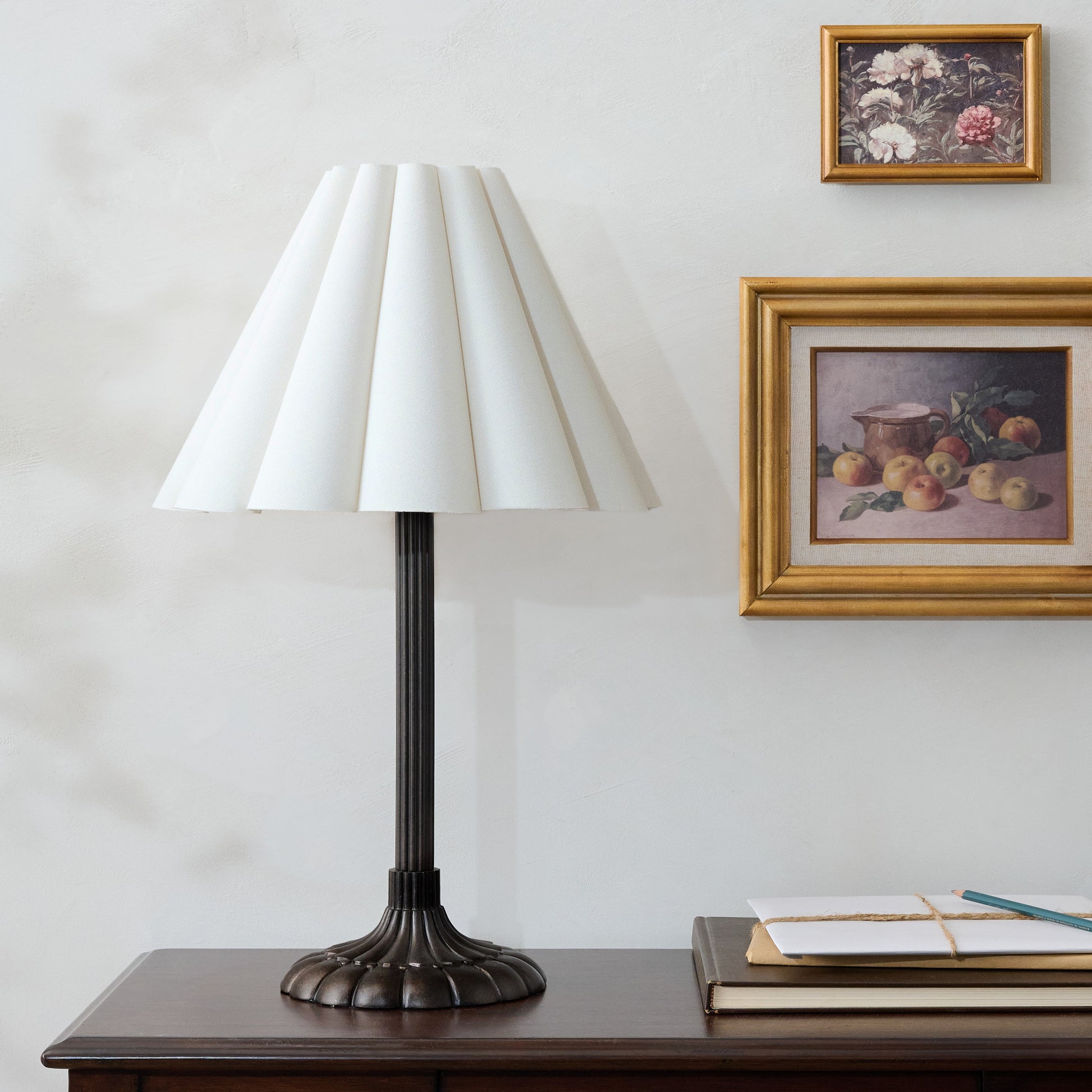 Stella Table Lamp-Bronze Scallop with Linen Scallop Shade Shown on Desk