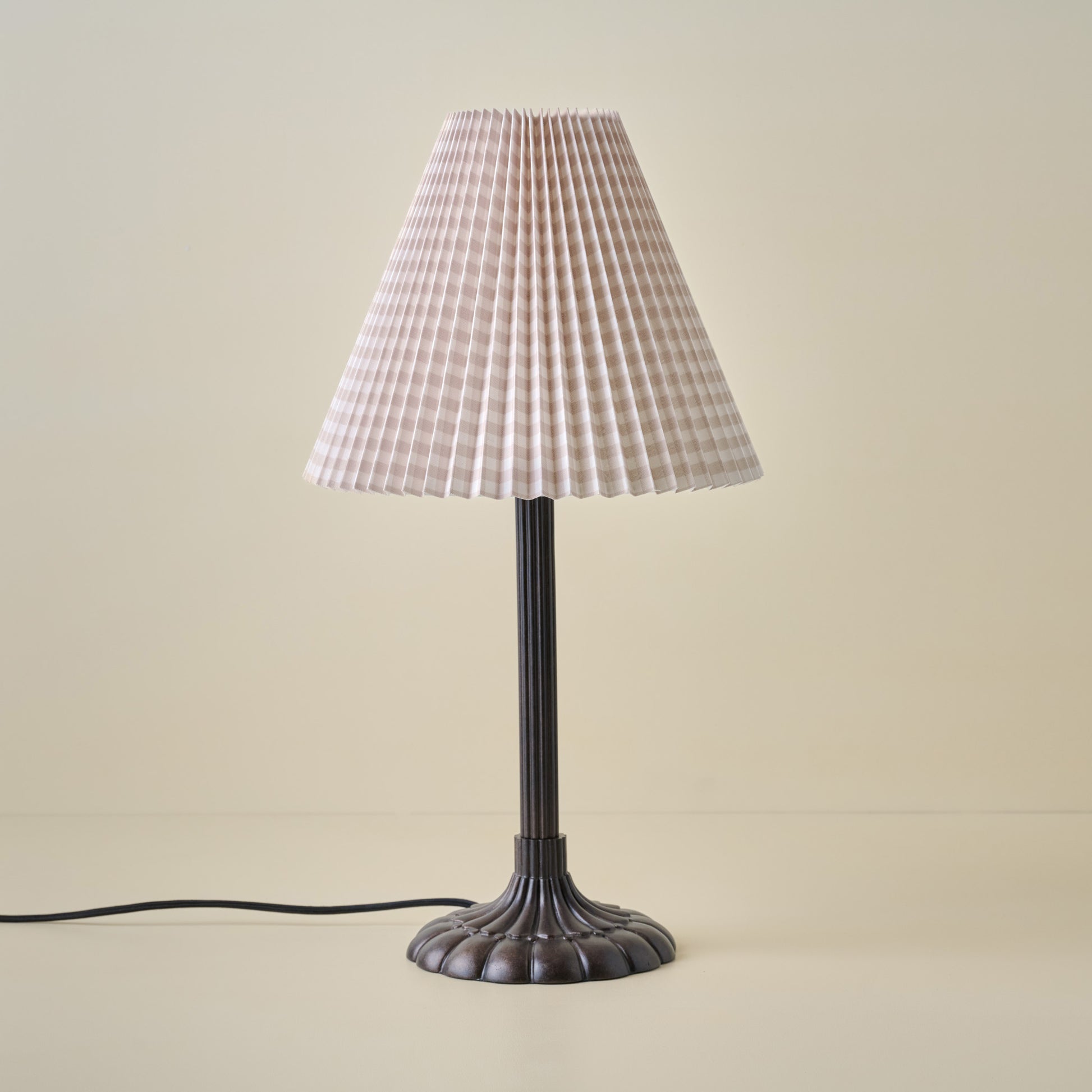 Stella Table Lamp-Bronze Scallop with Tan GIngham Shade