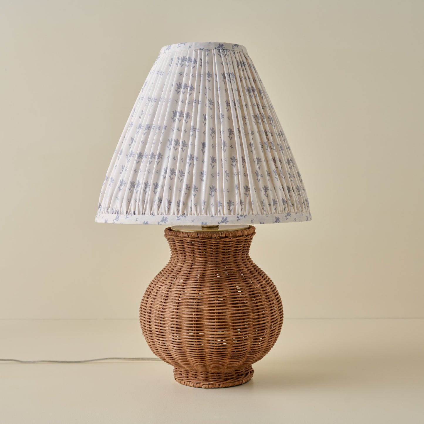 Cassie Rattan Table Lamp with Blue Block Print Shade