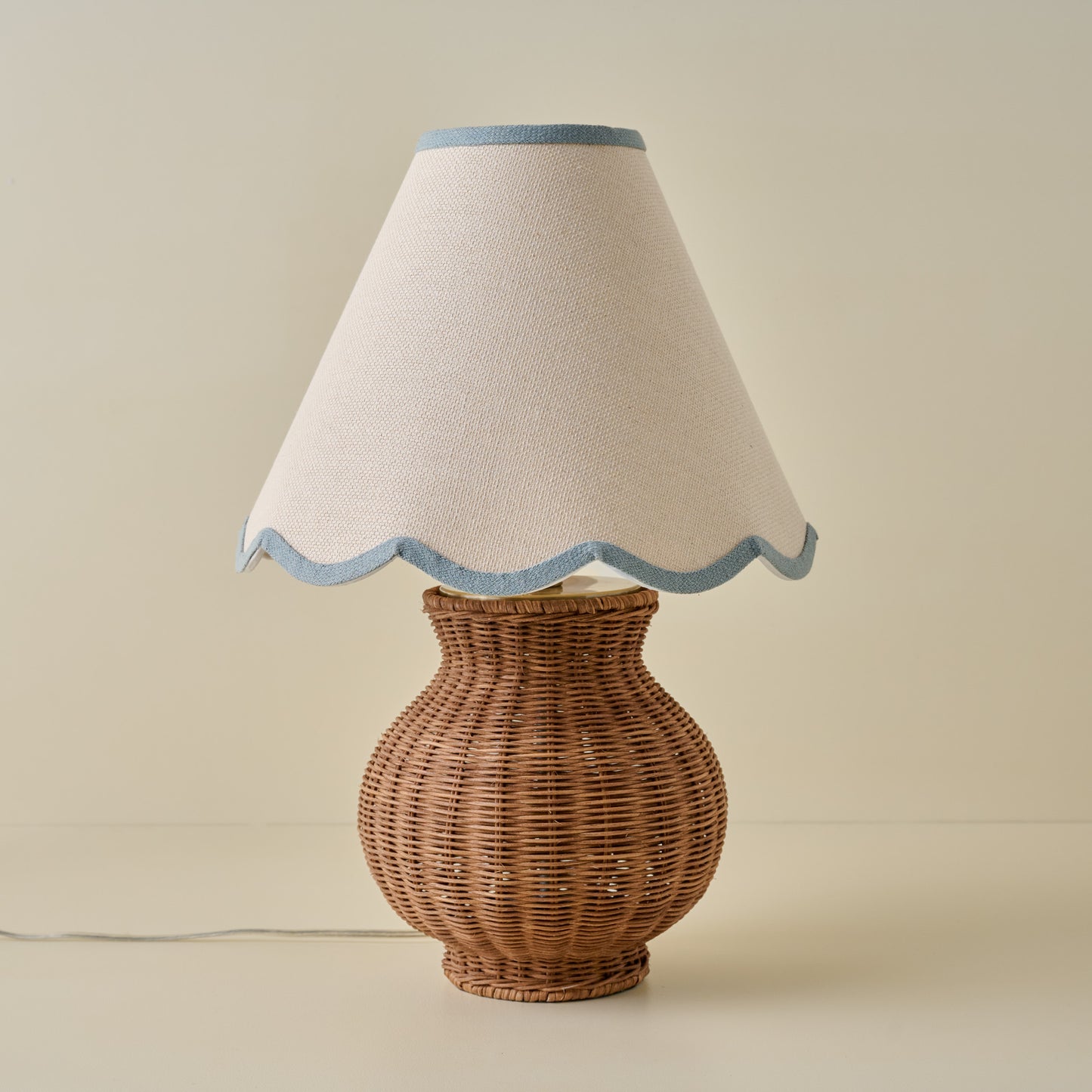 Cassie Rattan Table Lamp with Blue LInen Scallop Shade