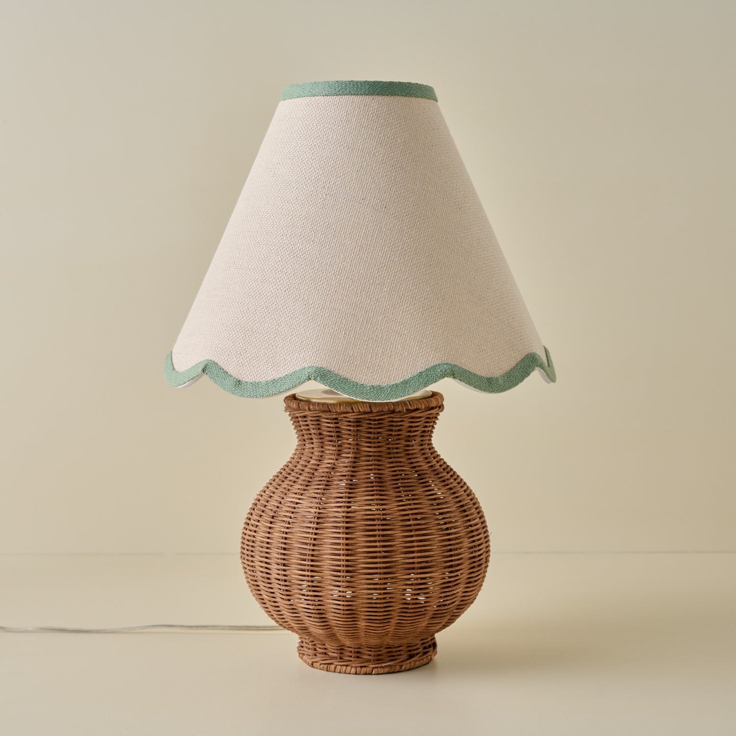 Cassie Rattan Table Lamp with Green Linen Scallop Shade