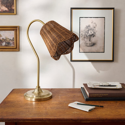 Lucinda Task Lamp with Woven Shade shown sitting on desk