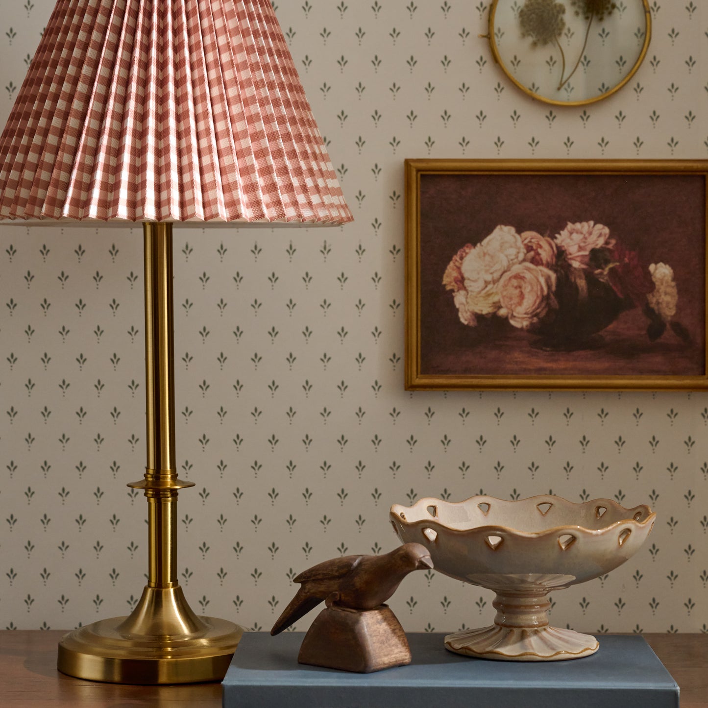Carmen Brass Table Lamp with mocha gingham shade shown on table