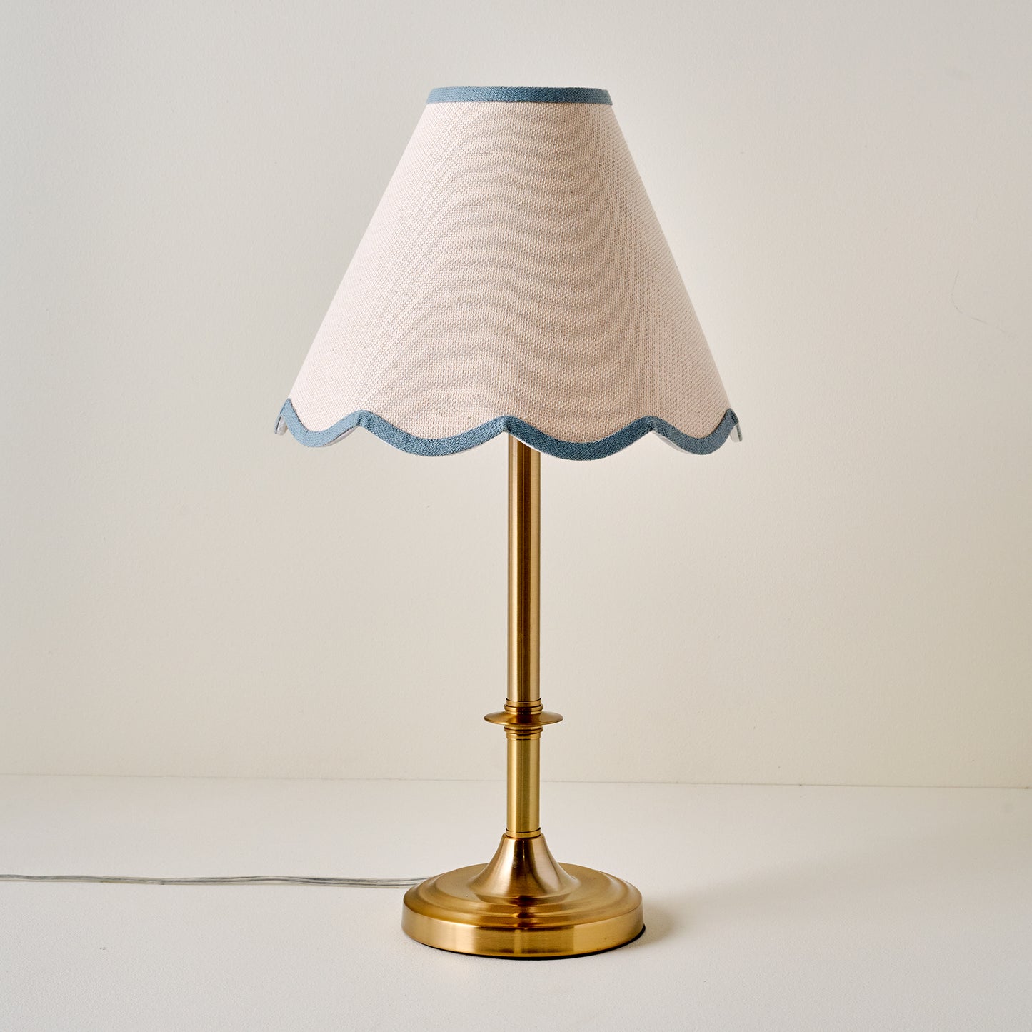 Carmen Brass Table Lamp with blue wavy linen shade