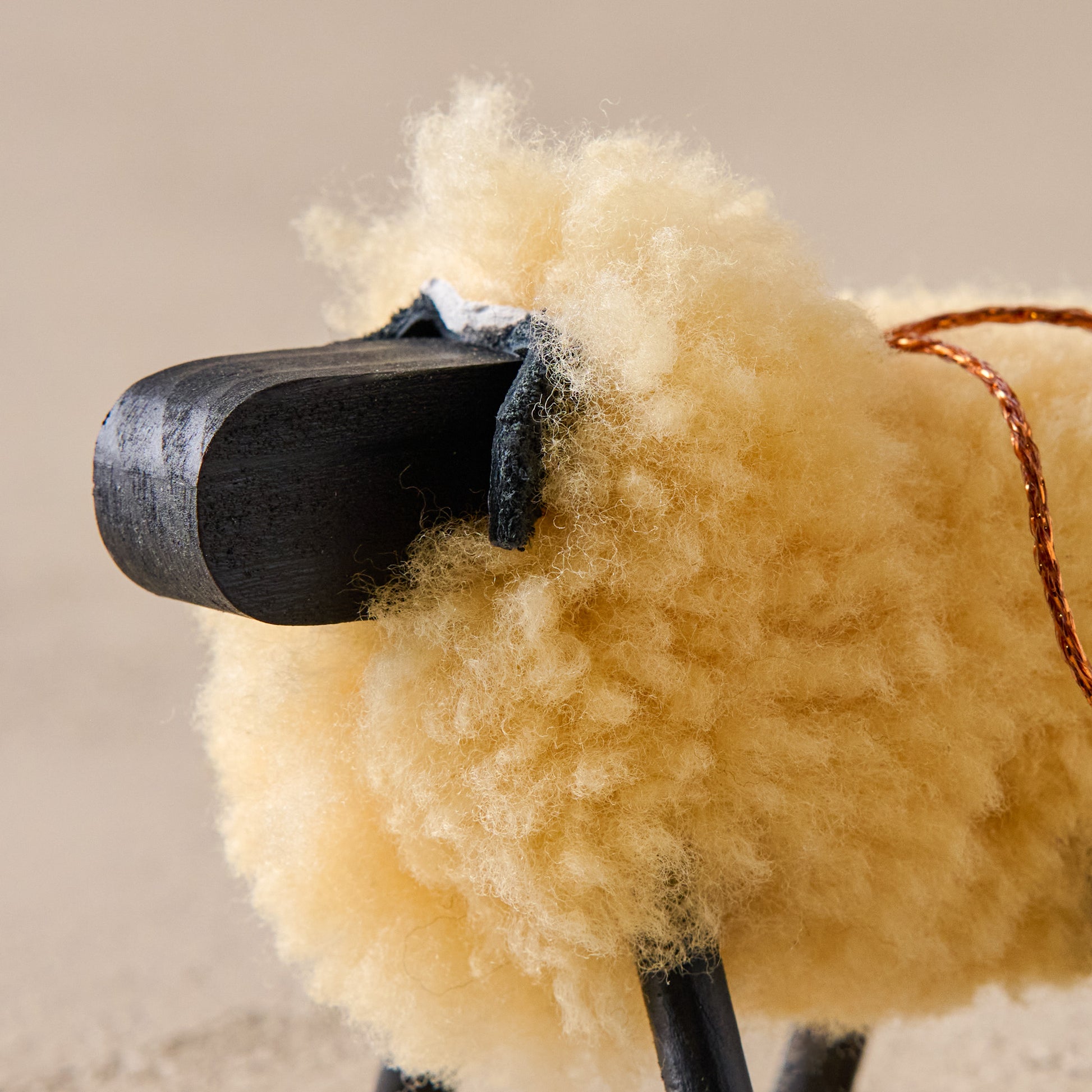 Cream Handcrafted Shearling Sheep Ornament up close