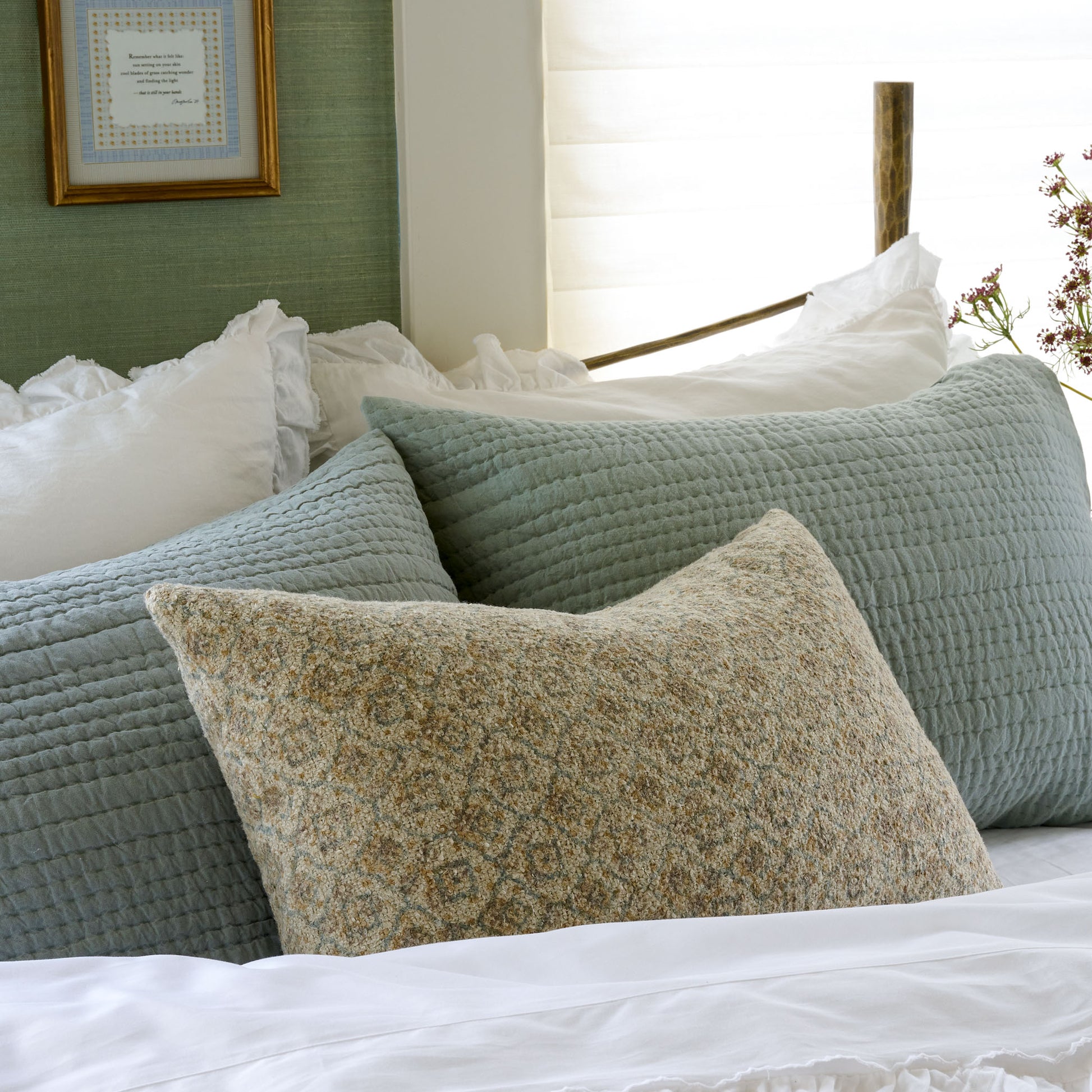 Vintage Floral Lumbar Pillow on a made bed