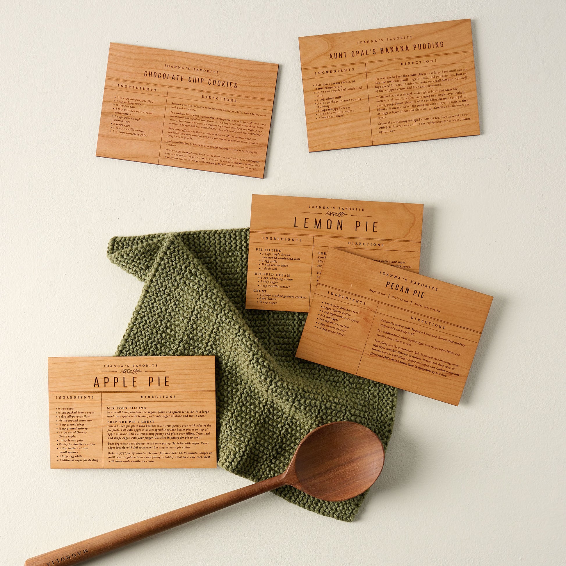 Banana Pudding Wooden Recipe Card with other wooden recipe cards, green towel, and spoon