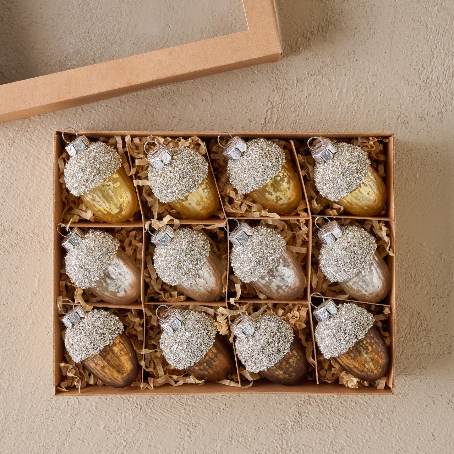 Glass Acorn Ornament, Set of 12 shown in box